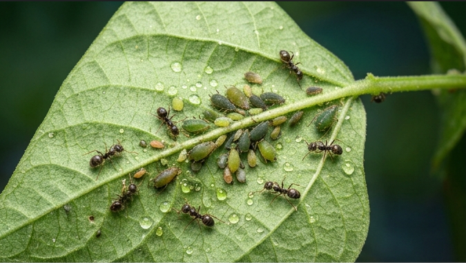 This shows the Aphids extracting nectar from the plants as the Ants protect them and use their nectar.