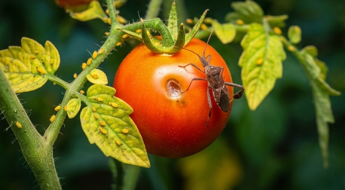 Leaf-footed Bugs puncturing and damaging the produce. Aphids feeding  from the branches and leaves. 