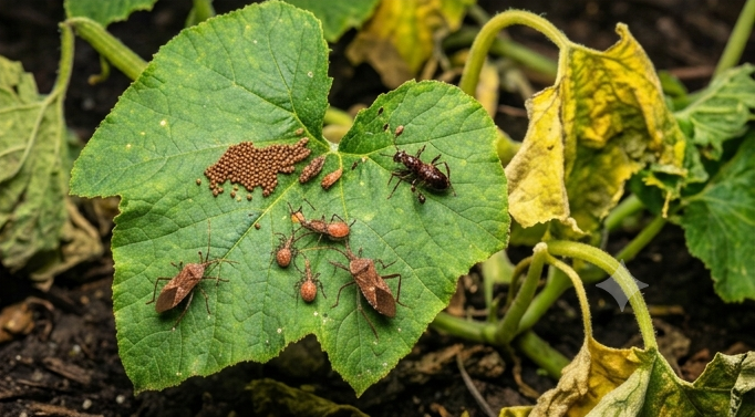 This shows the Squash bugs laying eggs and then protecting their Nymphs or younger state bugs.